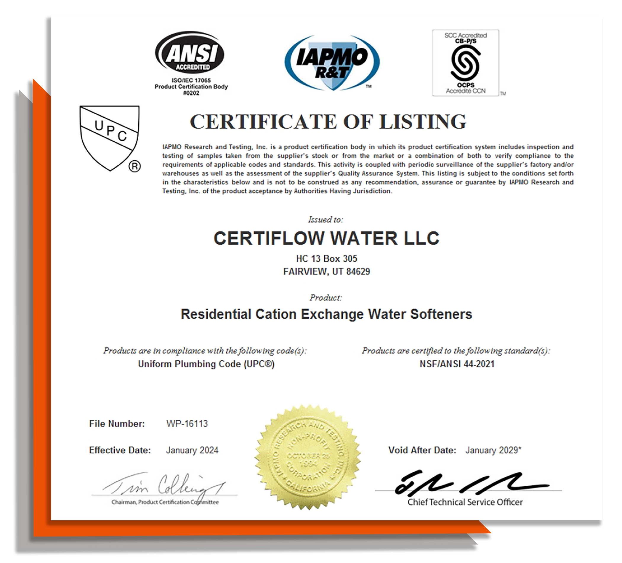 Image displaying IAPMO, NSF, UPC, Certification for Certiflow Water LLC