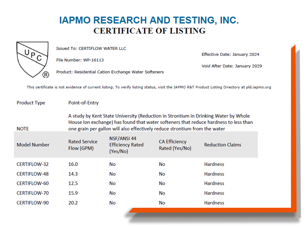 Image displaying IAPMO, NSF, UPC, Certification for Certiflow Water LLC